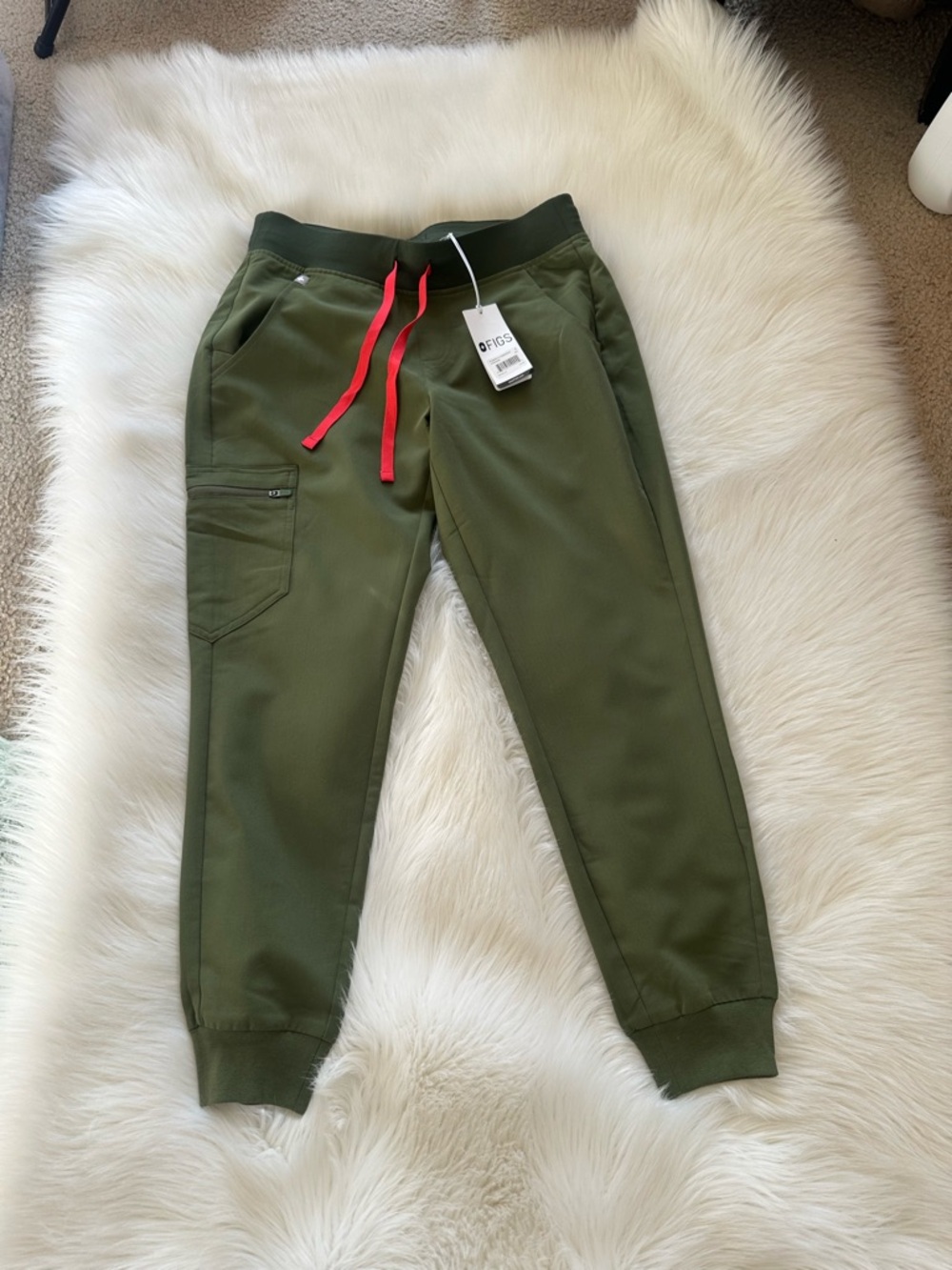 Figs Dark Olive Green Small PetitebJoggers with Red Drawstring